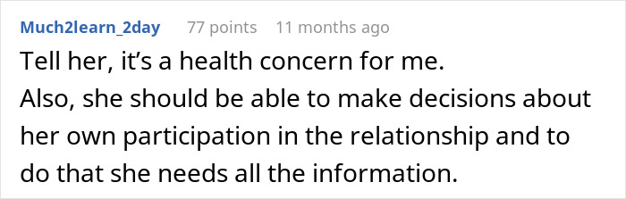 Reddit comment suggesting someone reveal an affair due to health concerns, highlighting relationship honesty.