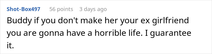 Comment criticizing relationship choice in context of refusing to sleep on the couch.