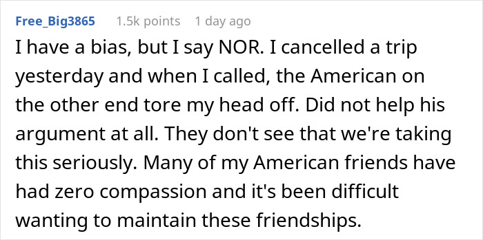 User comment discussing refusal to visit due to U.S. tariffs and 51st state jokes, highlighting strained friendships.