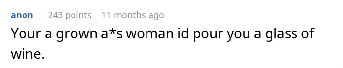 Comment discussing wine and grown woman in context of family genes and alcoholism.