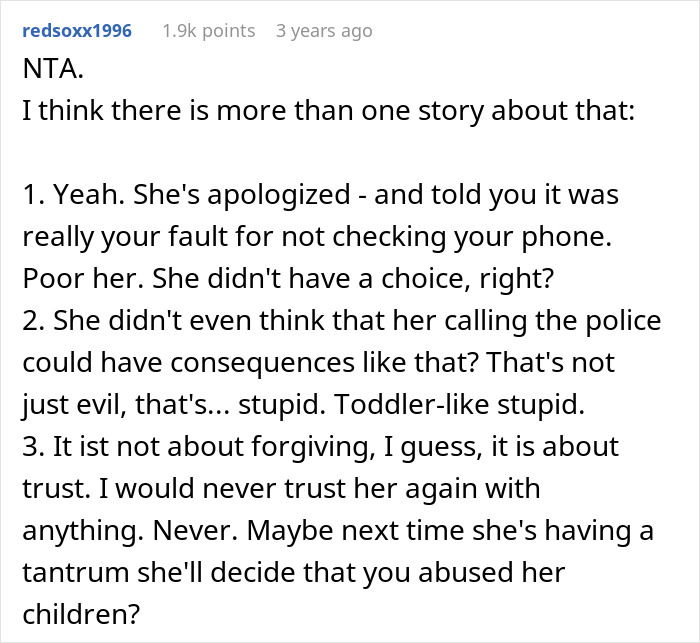 User comment discussing consequences and trust issues related to child abandonment report.