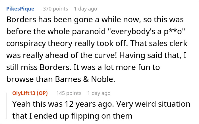 Reddit comments about an incident with a bookstore clerk questioning age limits, referencing Borders and Barnes & Noble.