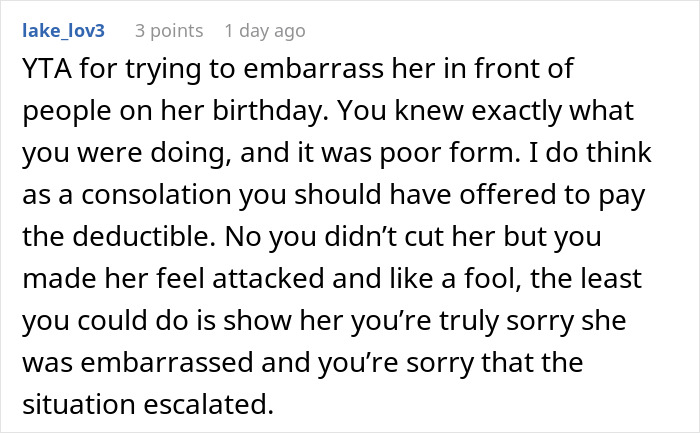 Comment discussing mother-in-law feeling embarrassed and demanding payment for hospital bill after gift incident. Comment discussing mother-in-law feeling embarrassed and demanding payment for hospital bill after gift incident.