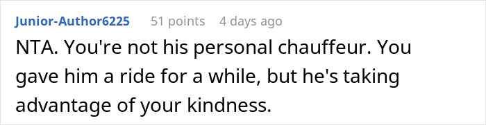 Reddit comment about ending free rides due to lateness and taking advantage of kindness.