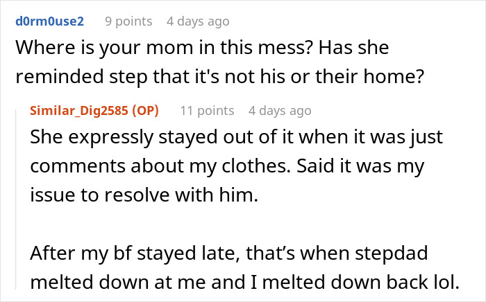 Comment exchange about a stepdad trying to control a 27-year-old woman and her response in her own home. Comment exchange about a stepdad trying to control a 27-year-old woman and her response in her own home.