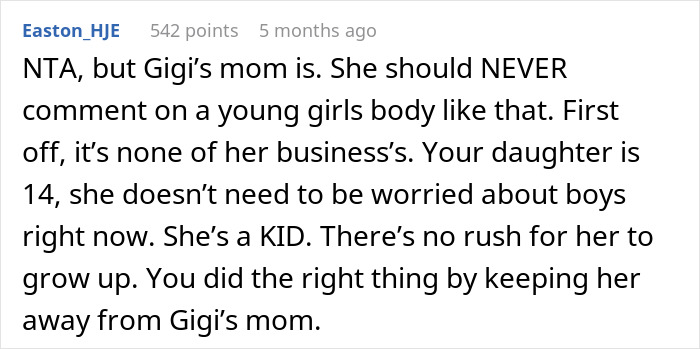 Comment discussing body-shaming of 14-year-old by friend's parent, emphasizing it's inappropriate and unnecessary.