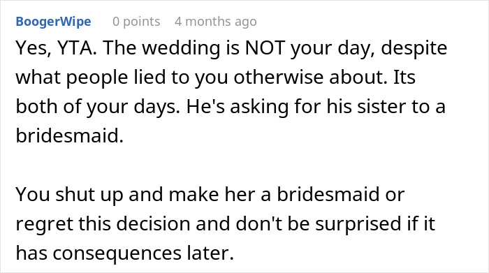 Text comment criticizing a woman's wedding decision, mentioning fianc&eacute;'s sister and consequences.