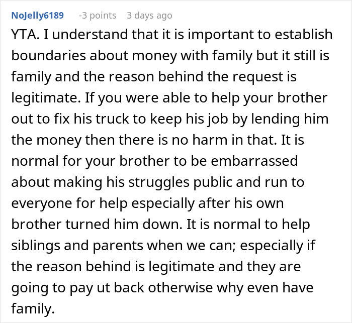 Comment discussing family boundaries over money requests. Comment discussing family boundaries over money requests.