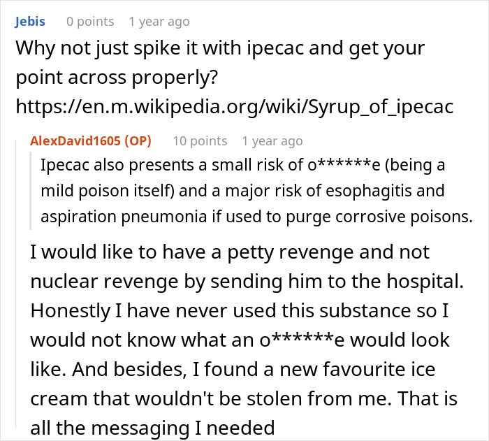 Discussion about revenge using spicy ice cream instead of ipecac.