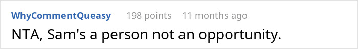 Comment on adoption: "NTA, Sam's a person not an opportunity," with user and engagement details.