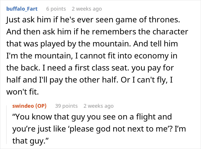 Reddit conversation about needing extra space on flights due to large size.