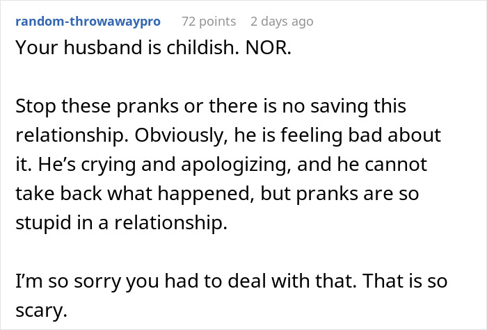Text comment criticizing a husband's dangerous prank, calling it childish and harmful to the relationship.