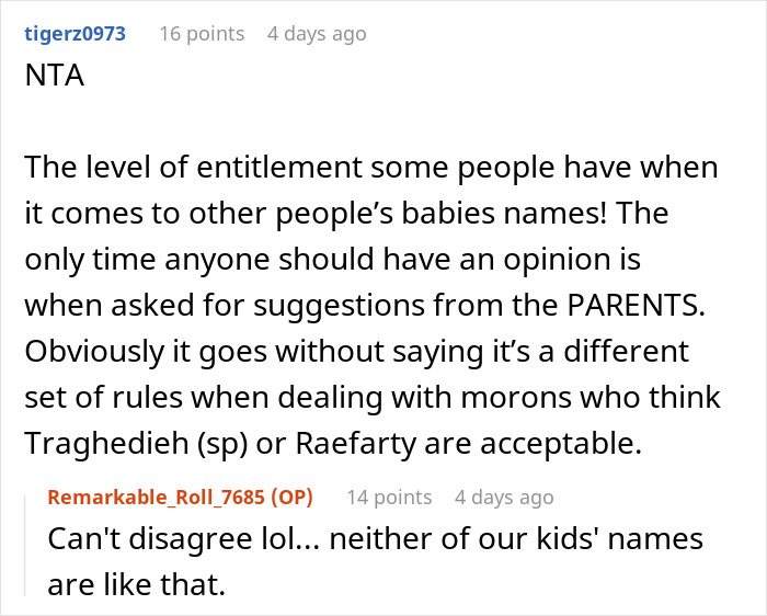 Discussion about naming babies, focusing on entitlement and the role of parents in name choices.