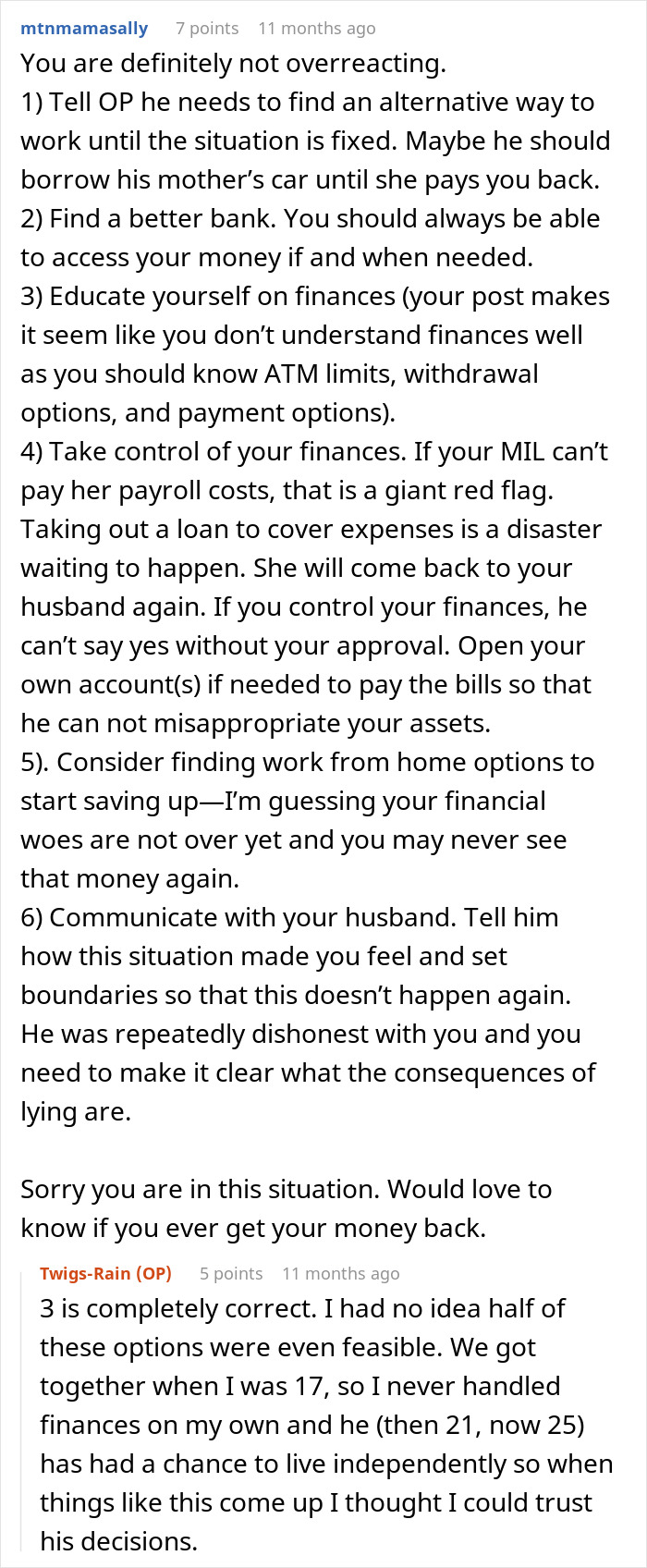 Reddit comment discussing secret loan and financial advice about guy loaning mom $7.5K without wife's knowledge.