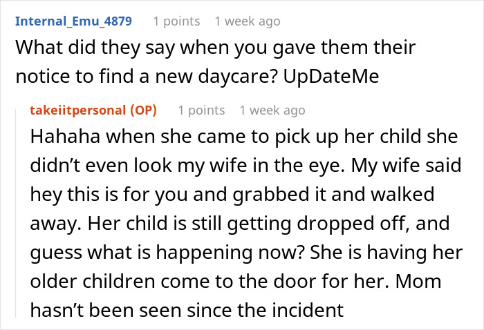 Reddit thread about a pregnant wife's childcare experience with daycare dropping off the child.