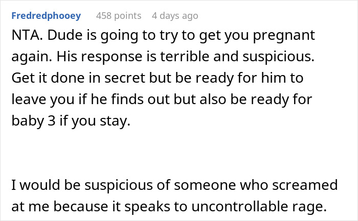 Text discussion about sterilizing against partner&rsquo;s wishes, focusing on personal autonomy and relationship issues.