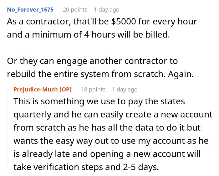 Former employee discusses billing and system setup after being ghosted by boss, who requested two-factor code months later.