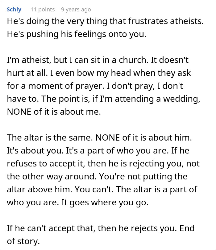 Comment discussing atheism and relationships, highlighting the conflict between personal beliefs and mutual acceptance.