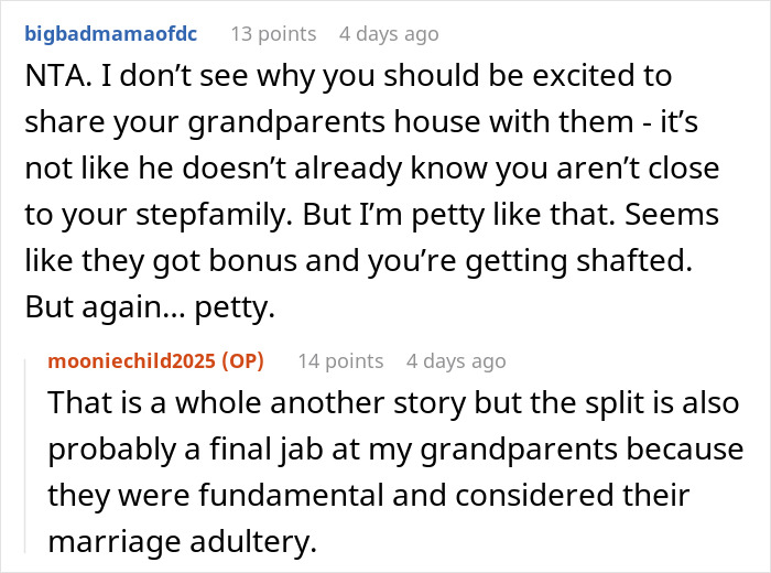 Online discussion about stepmom and stepsisters not being real family, sparking drama in comments.
