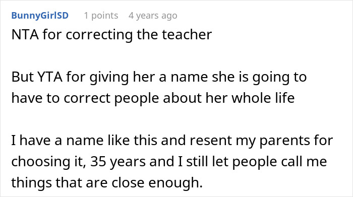 Comment discussing name pronunciation and lifelong correction challenges, referencing dad's request to teacher.