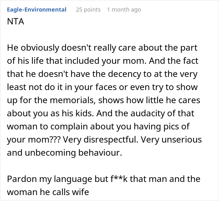 Reddit comment criticizing father's behavior on anniversary of mom's passing. Reddit comment criticizing father's behavior on anniversary of mom's passing.
