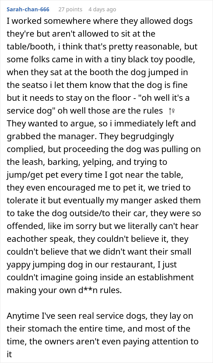 Text recounting a server's experience with a couple bringing a fake service dog.