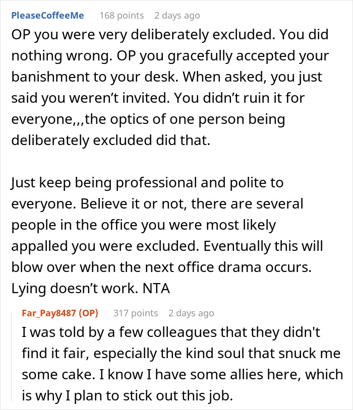 Text exchange about office parties being banned due to exclusion by mean girls.