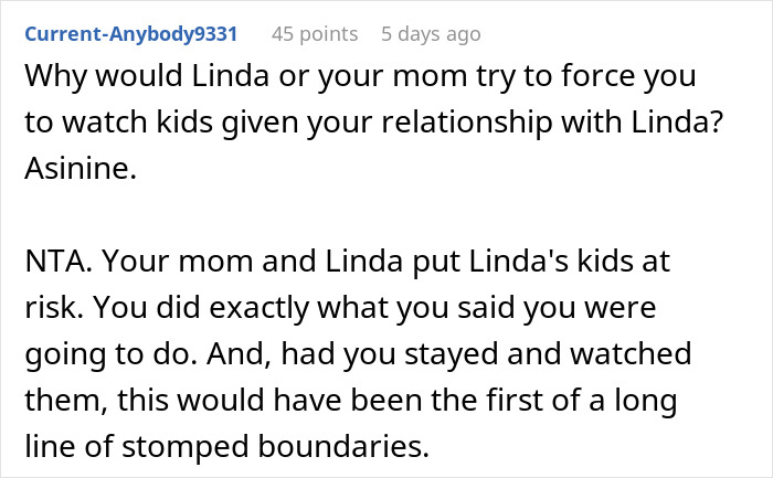 Reddit comment discussing a woman refusing to babysit her sister's kids and standing firm on boundaries.