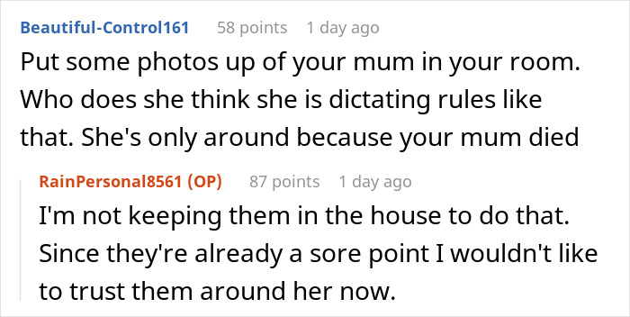 Online comments about a lady wanting to bin late wife's pics; teen plans to take them.