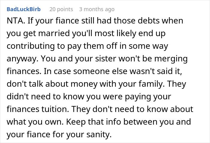 Text from a Reddit comment discussing family finances and the refusal to pay sister's college. Text from a Reddit comment discussing family finances and the refusal to pay sister's college.