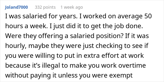 Text discussing salaried positions, unpaid overtime, and legal work requirements.