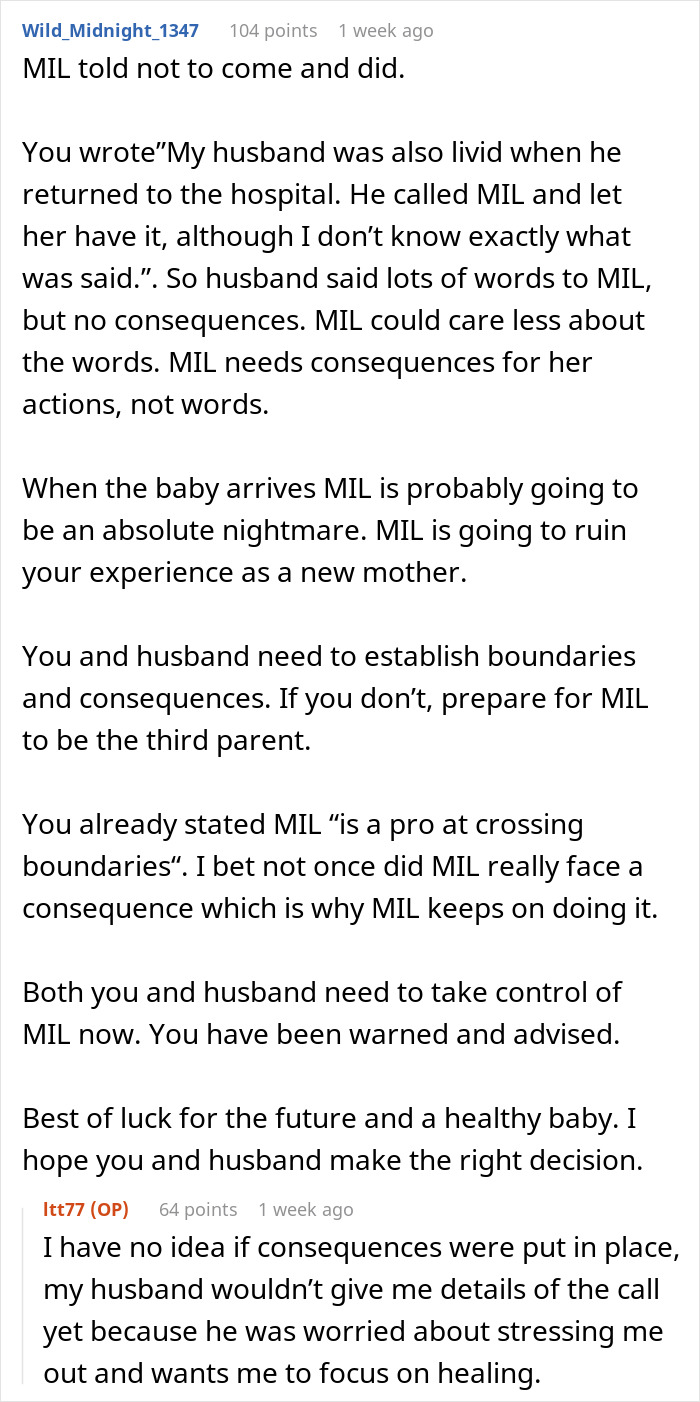 Discussion about boundaries with mother-in-law after hospital visit and stress on pregnant woman.