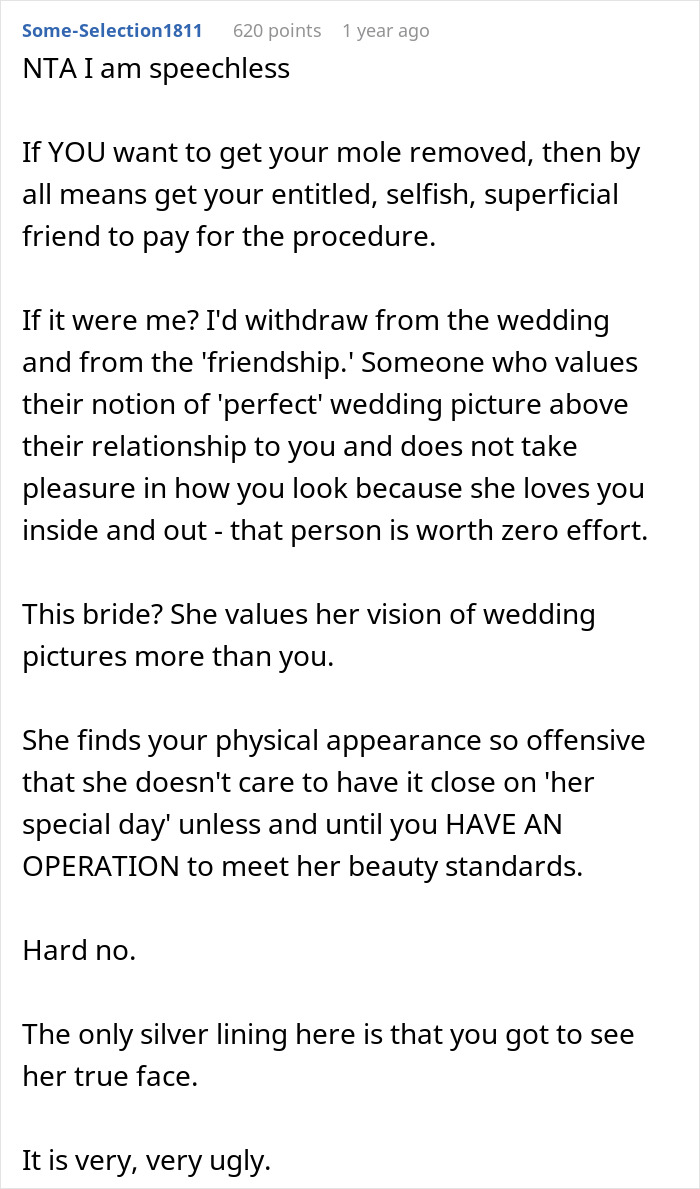Text critique about a bridesmaid's surgery pressures from a bride, highlighting ego and withdrawal from the wedding. Text critique about a bridesmaid's surgery pressures from a bride, highlighting ego and withdrawal from the wedding.