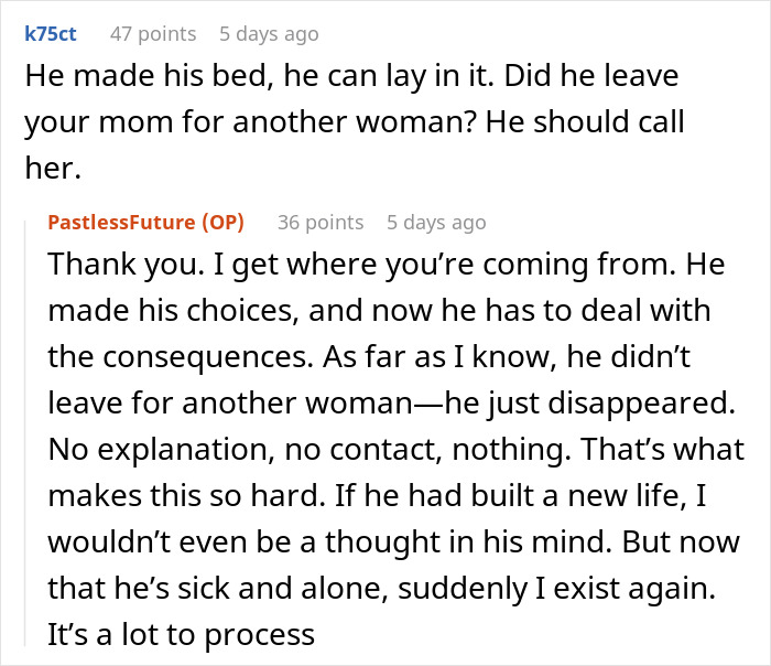 Online discussion about a dad who left home 15 years ago, now seeking help as he's dying, with mixed emotions shared.