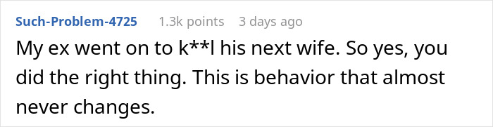 Comment showing a woman warning about her ex's criminal behavior.