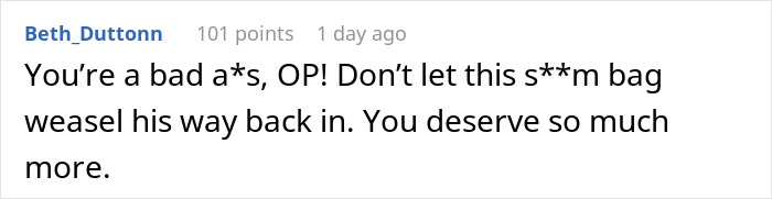 Comment advising against letting a partner back after a sauna incident with a work spouse.