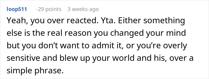 Comment discussing a fianc&eacute;'s reaction to calling off a wedding over a disagreement about starting a family.