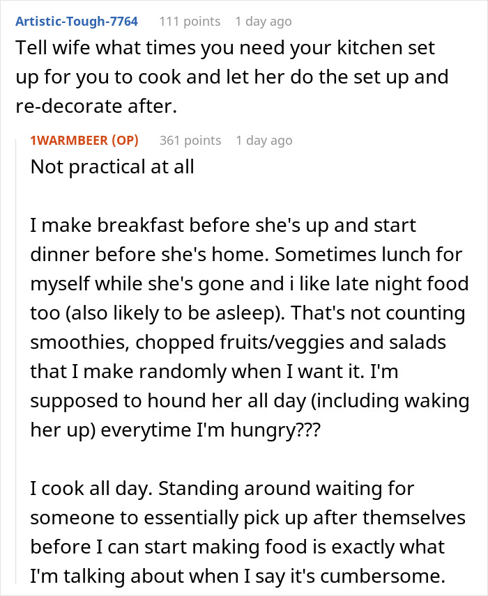 Reddit discussion about a man's refusal to cook meals due to his wife's kitchen decorating habits. Reddit discussion about a man's refusal to cook meals due to his wife's kitchen decorating habits.