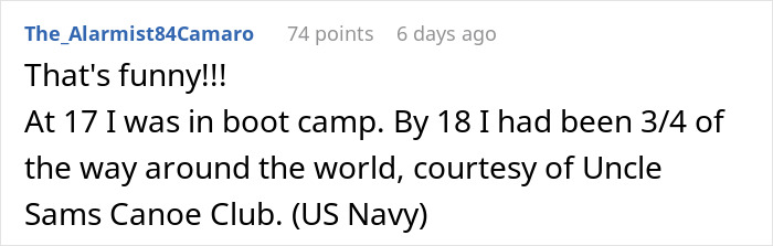 Reddit comment about being in boot camp at 17 and traveling the world with the US Navy.