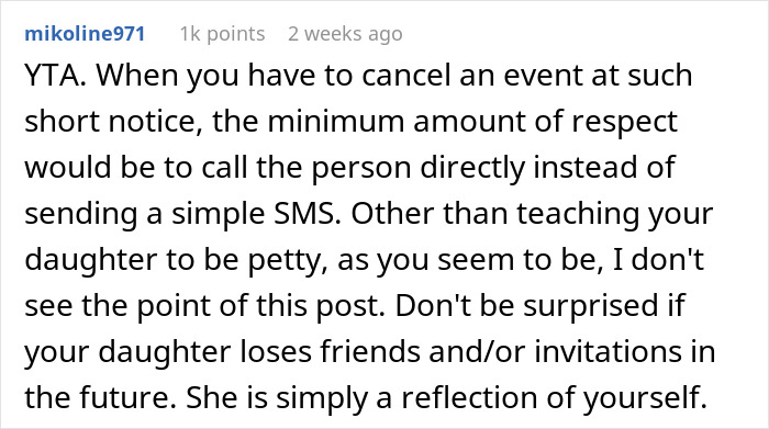 Text critique of parent's choice prioritizing family trip over daughter's plans with friends.