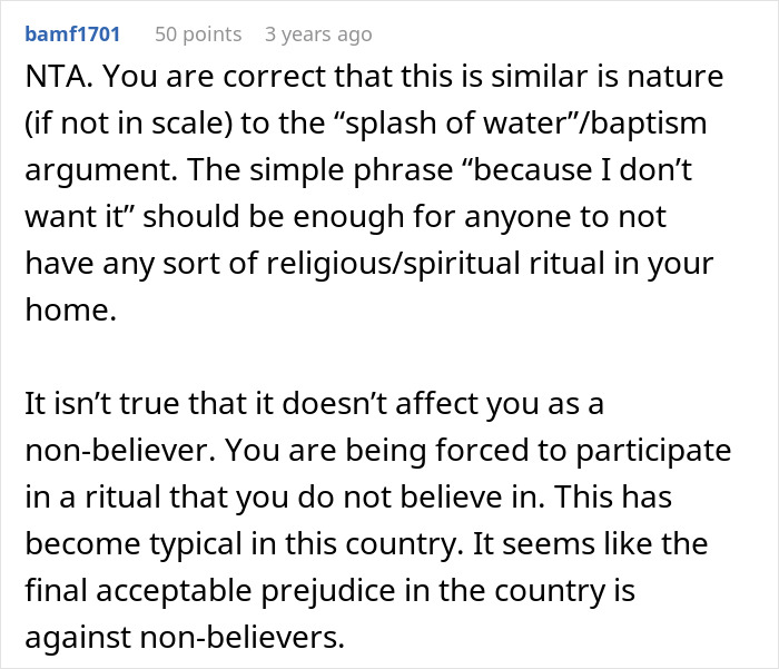 Text discussing a home cleansing issue, highlighting discomfort with spiritual rituals for non-believers. Text discussing a home cleansing issue, highlighting discomfort with spiritual rituals for non-believers.