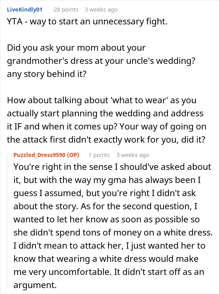 Reddit comment thread discussing a bride's request about her grandmother not wearing white to the wedding.