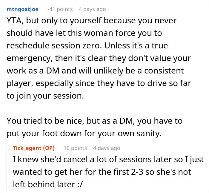 Reddit comment discussing D&D game session disrupted by a participant bringing a toddler unexpectedly. Reddit comment discussing D&D game session disrupted by a participant bringing a toddler unexpectedly.