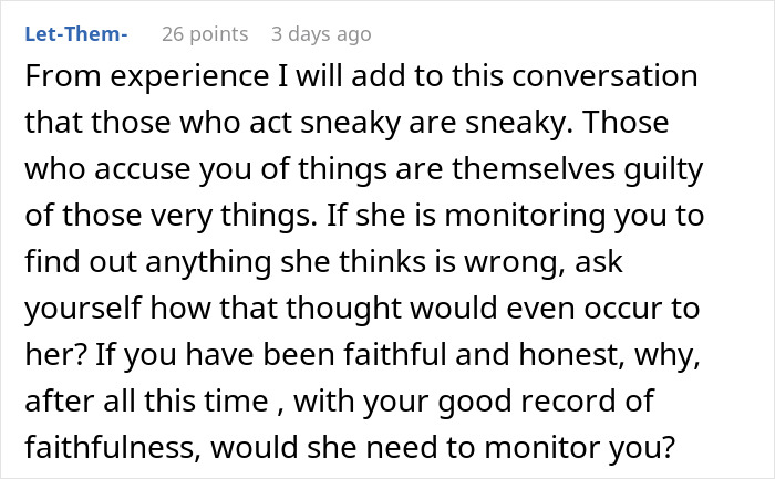 Comment discussing wife's secret monitoring of spending and phone activities.