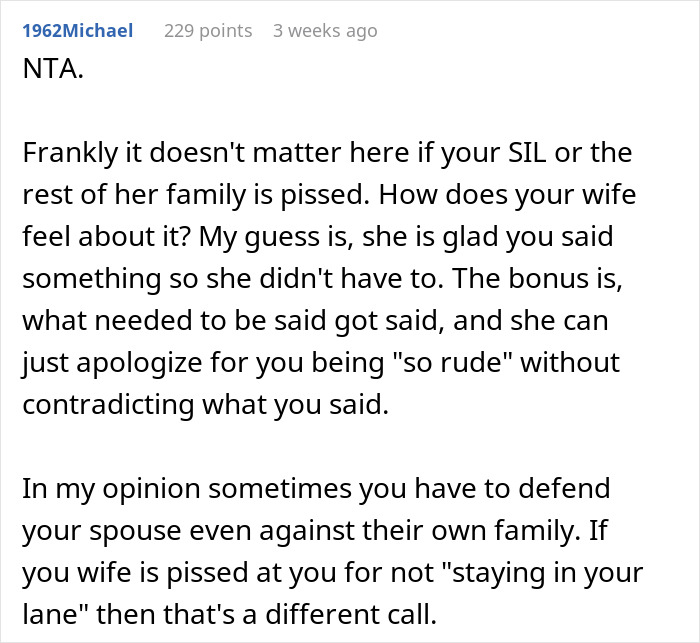 Reddit comment discussing a dad defending his wife from family drama about proving a baby's worth against a nephew.