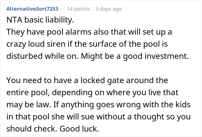 Reddit comment about pool safety and liability advice for homeowners.
