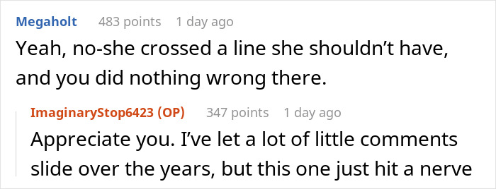Reddit comments discussing a step-mom crossing a line, resulting in a harsh reality check.