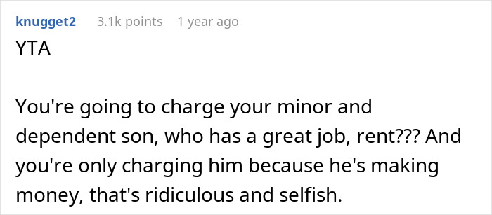Comment discussing a mother charging her teenage son $600 rent due to his income.