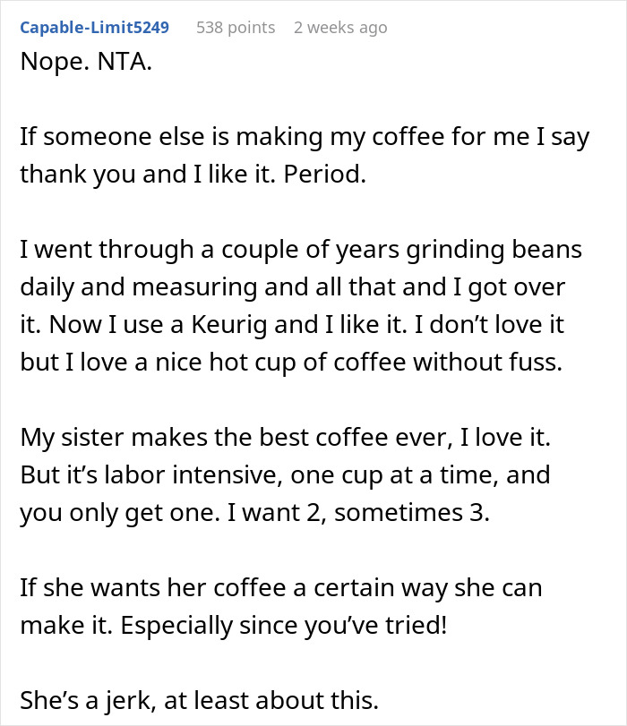 Reddit comment discussing making coffee, with a user expressing appreciation for a simple cup daily without fuss. Reddit comment discussing making coffee, with a user expressing appreciation for a simple cup daily without fuss.