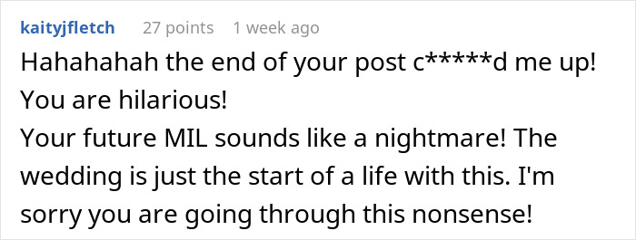 Text discussing MIL expectations and wedding invitations, expressing sympathy and humor about future challenges.